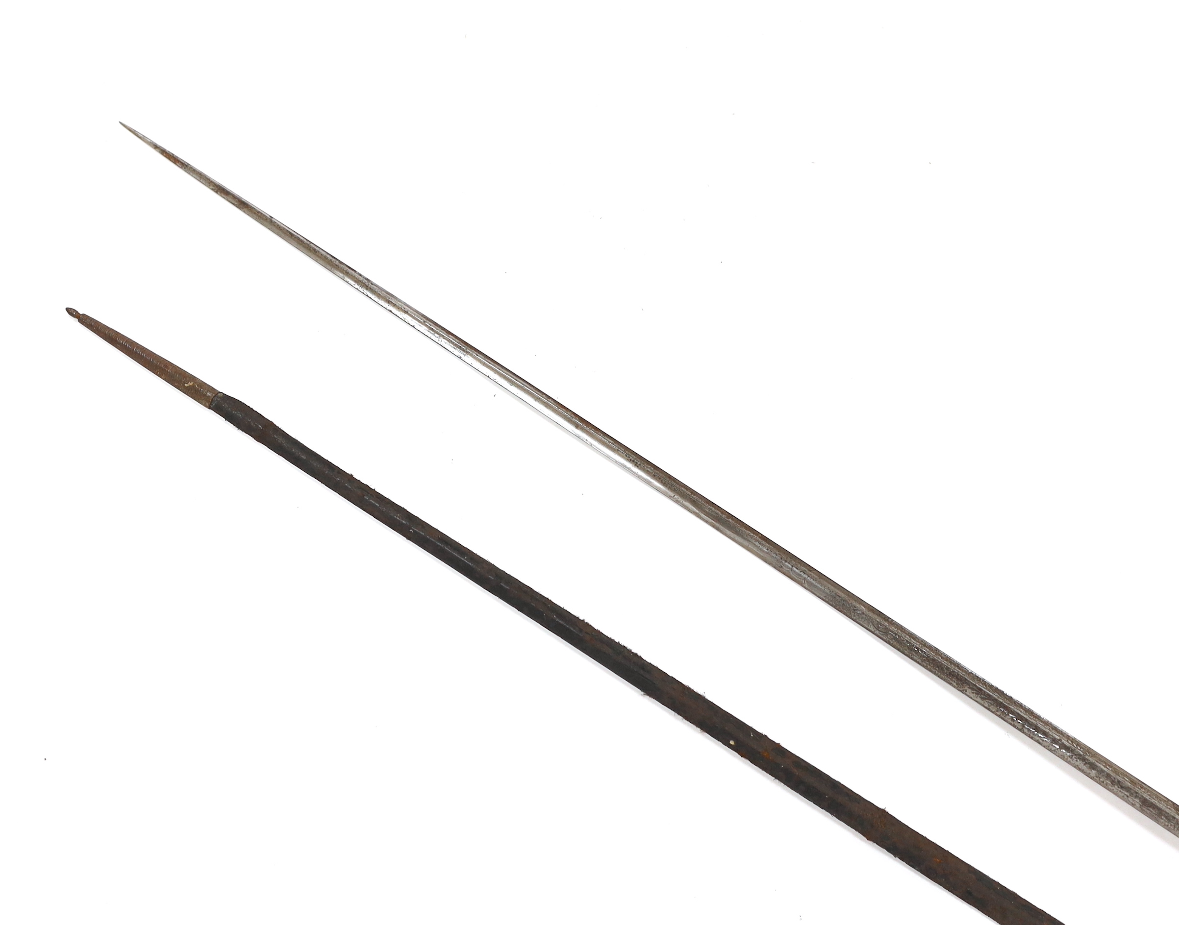 An English cut steel hilted dress court sword, c.1900, polished blade etched at forte, iron hilt slightly rusted, in its leather scabbard, blade 79cm